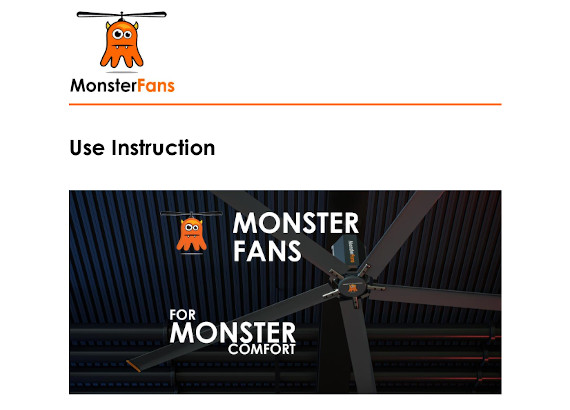 Кључни визуал корисничког упутства за вентилаторе MonsterFans, HVLS вентилатори.